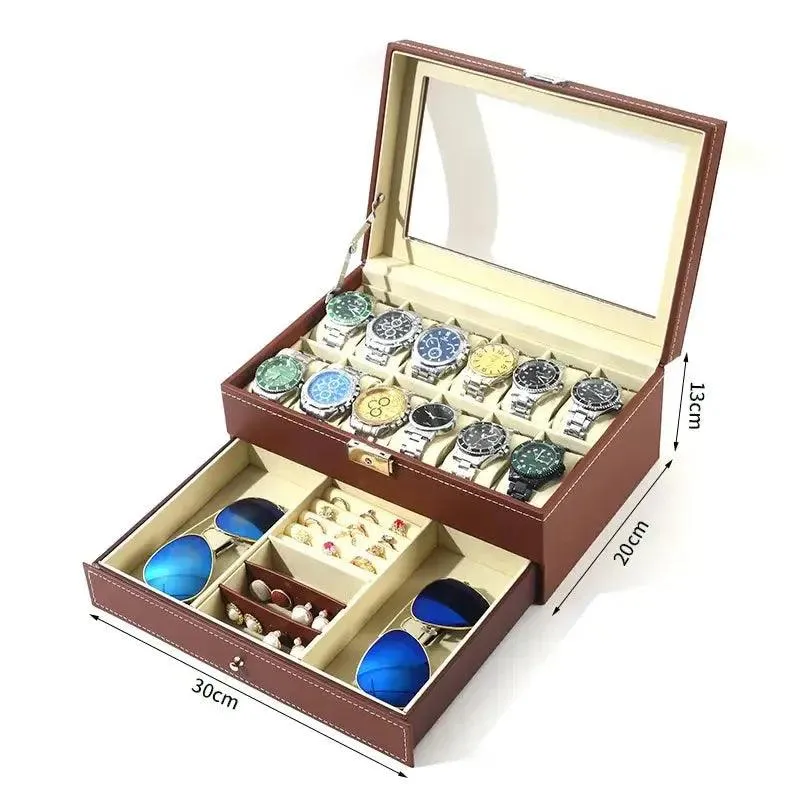 12 Slot PU Leather Lockable Watch Storage Boxes, Men & Women's Jewelry Display Drawer Case, 2-tier Organizer Watch Showcase