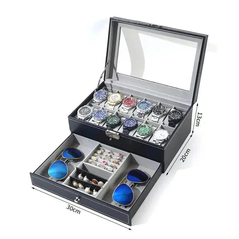 12 Slot PU Leather Lockable Watch Storage Boxes, Men & Women's Jewelry Display Drawer Case, 2-tier Organizer Watch Showcase