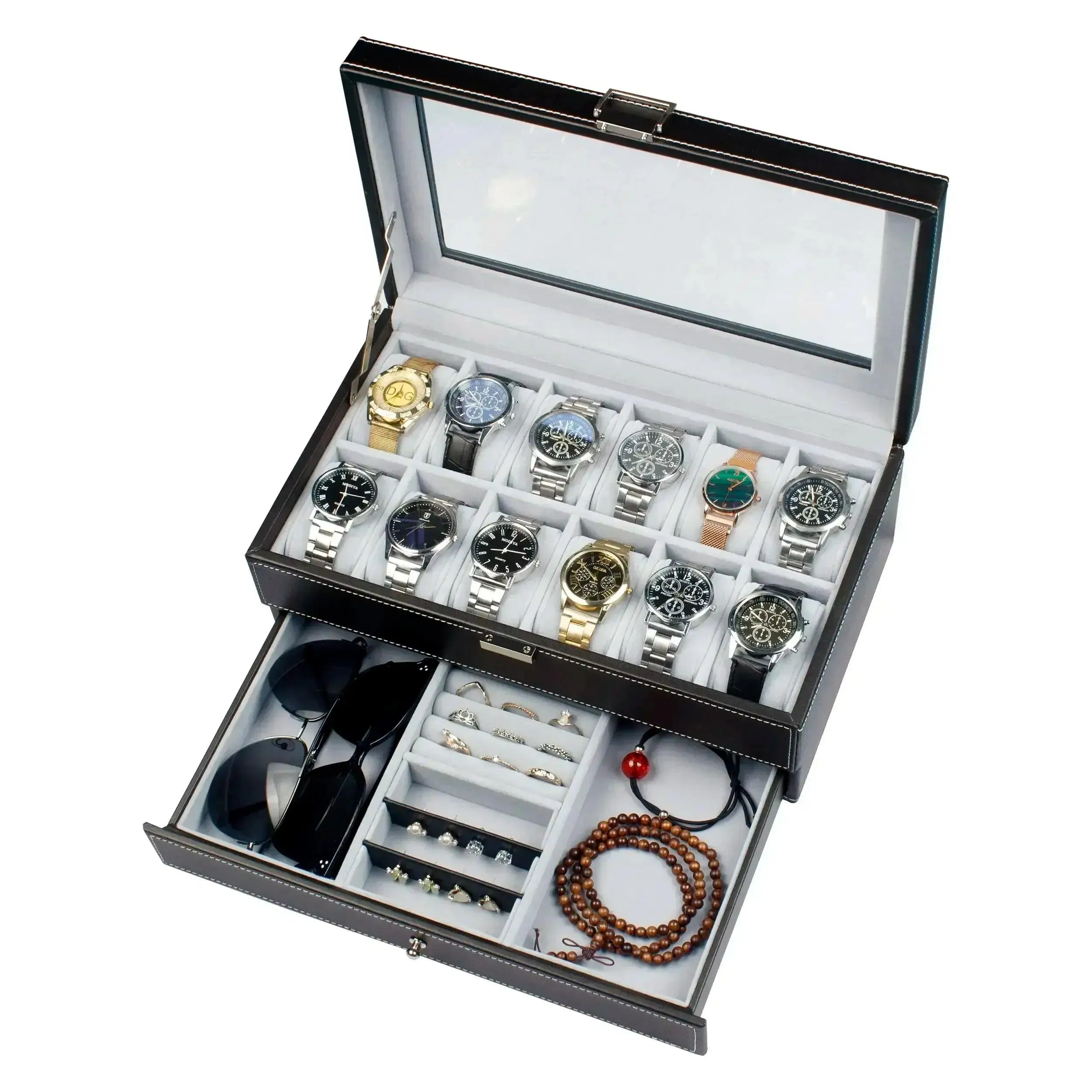 12 Slot PU Leather Lockable Watch Storage Boxes, Men & Women's Jewelry Display Drawer Case, 2-tier Organizer Watch Showcase