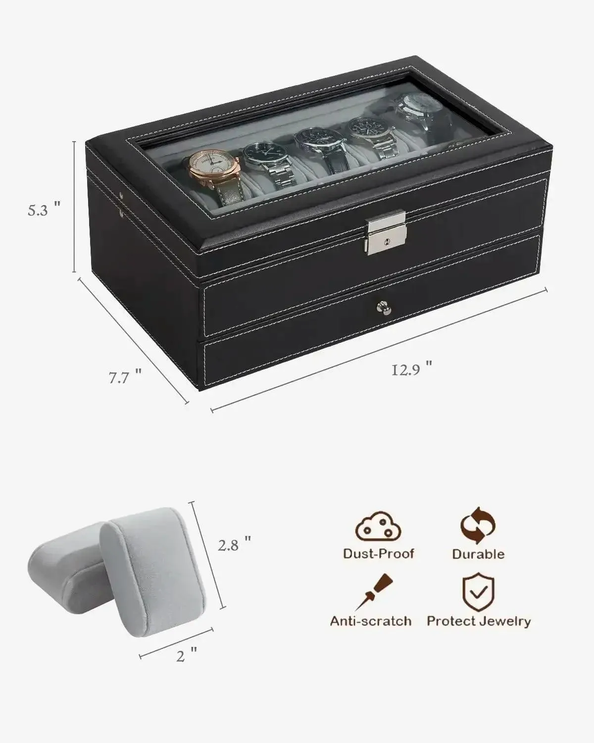 12 Slot PU Leather Lockable Watch Storage Boxes, Men & Women's Jewelry Display Drawer Case, 2-tier Organizer Watch Showcase