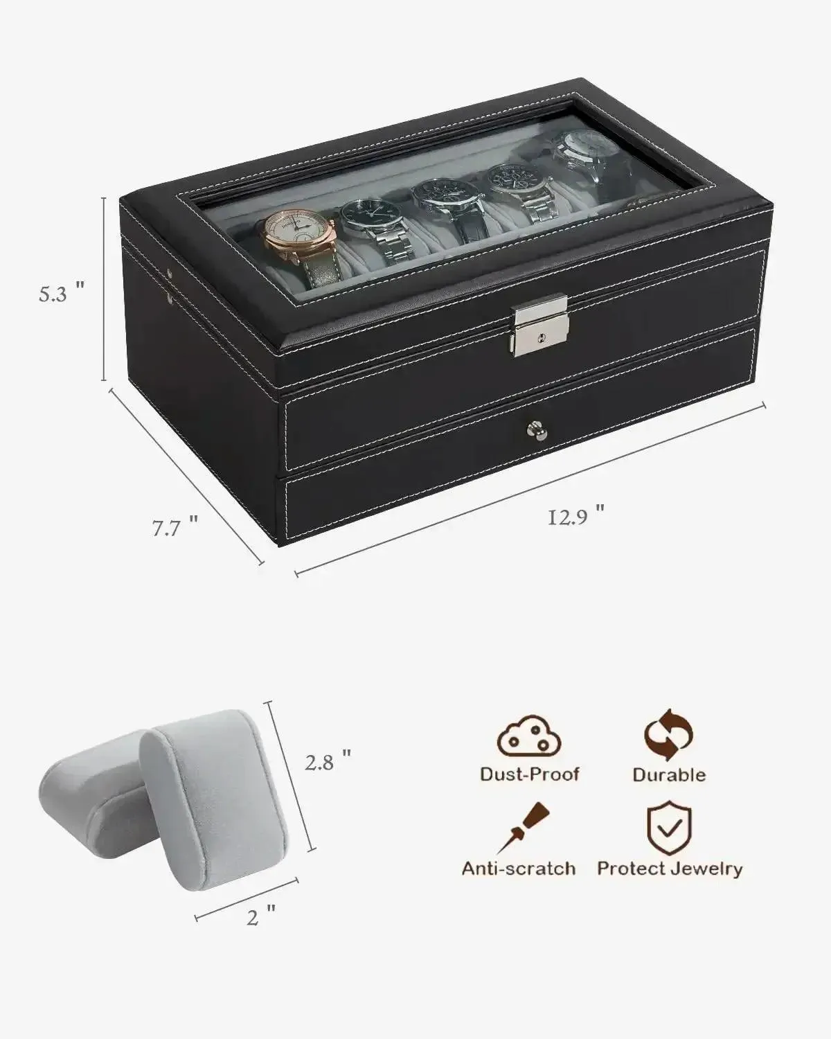 12 Slot PU Leather Lockable Watch Storage Boxes, Men & Women's Jewelry Display Drawer Case, 2-tier Organizer Watch Showcase