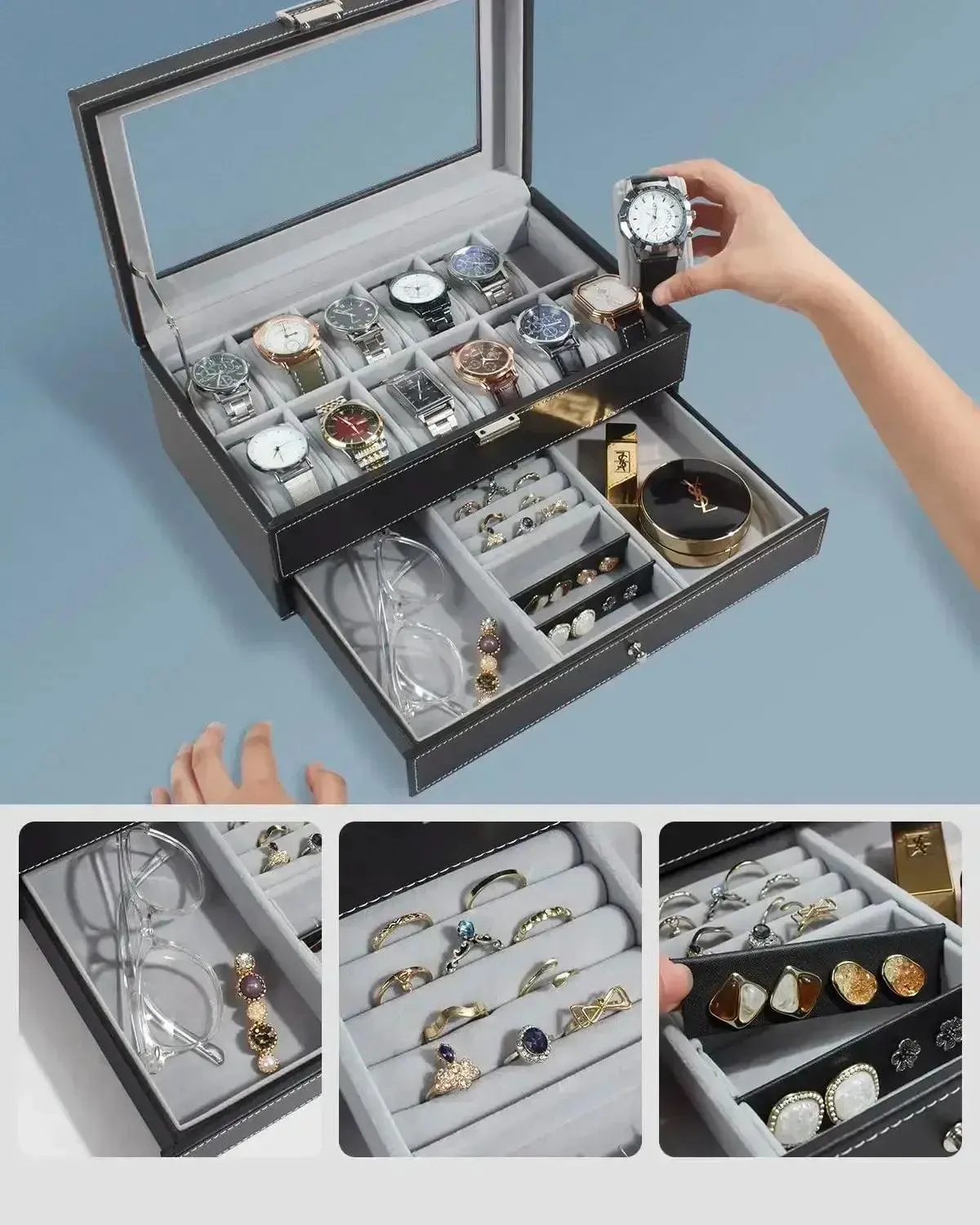 12 Slot PU Leather Lockable Watch Storage Boxes, Men & Women's Jewelry Display Drawer Case, 2-tier Organizer Watch Showcase