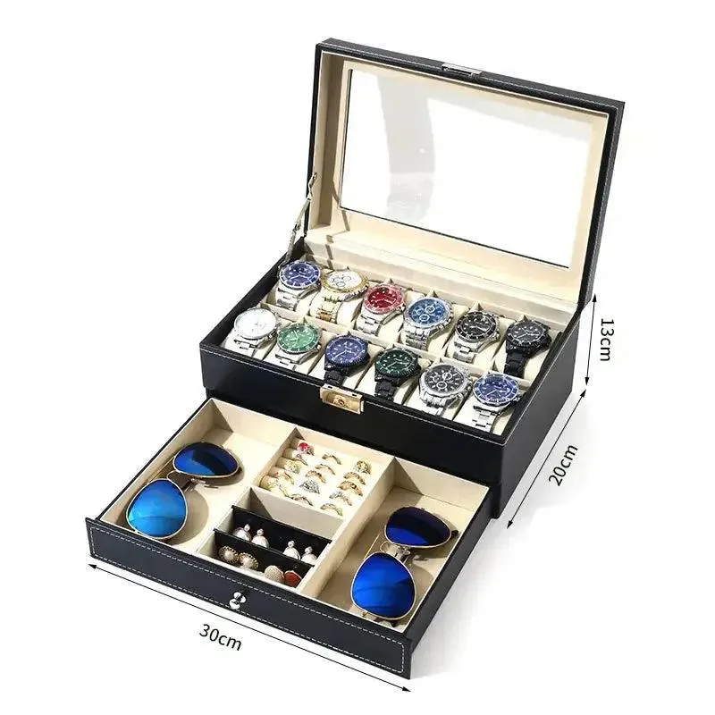 12 Slot PU Leather Lockable Watch Storage Boxes, Men & Women's Jewelry Display Drawer Case, 2-tier Organizer Watch Showcase