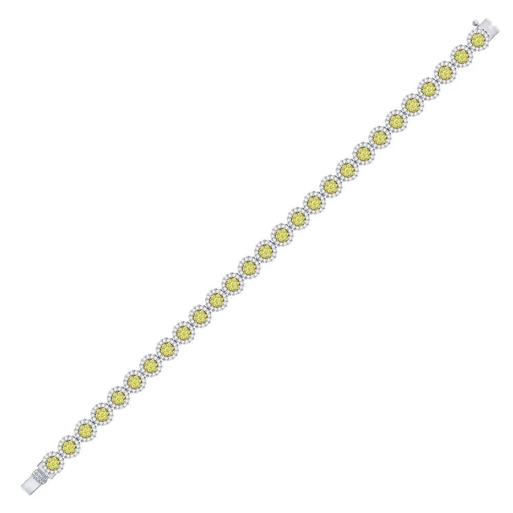 14kt White Gold Women Round Canary Yellow Diamond Cluster Fashion Bracelet