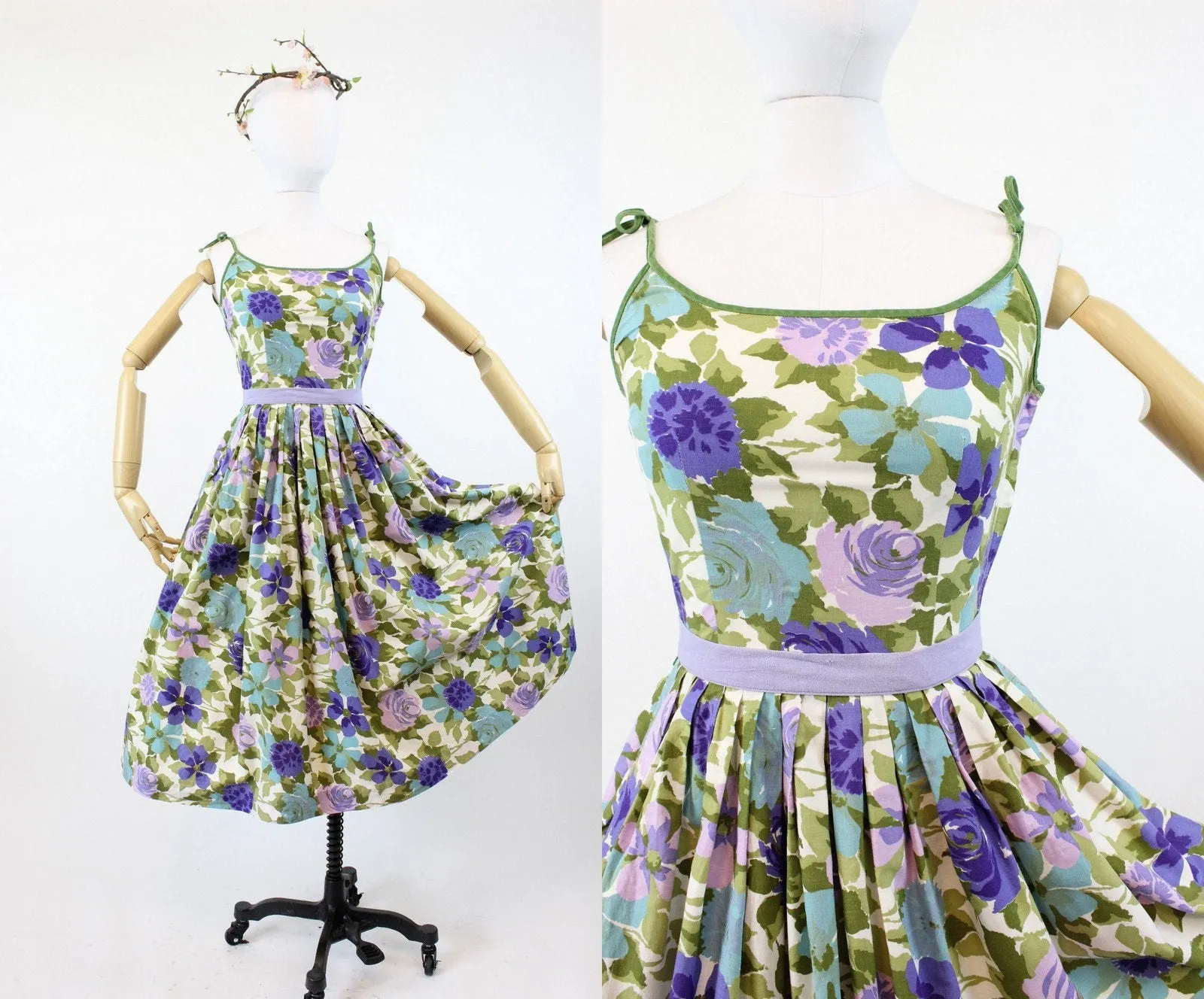 1950s COTTON floral tie strap dress xs | new spring