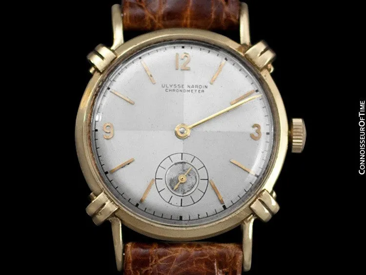 1950's Ulysse Nardin Vintage Chronometer Mens Midsize Dress Watch, Beautiful Case - 14K Gold