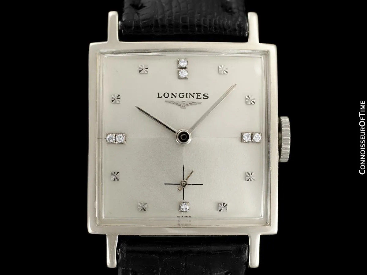 1957 Longines Mens Vintage Dress Watch - 14K White Gold & Diamonds