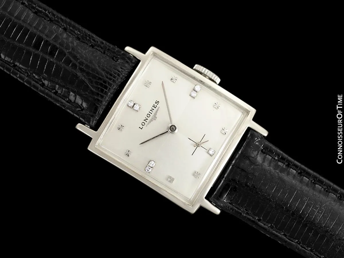 1957 Longines Mens Vintage Dress Watch - 14K White Gold & Diamonds