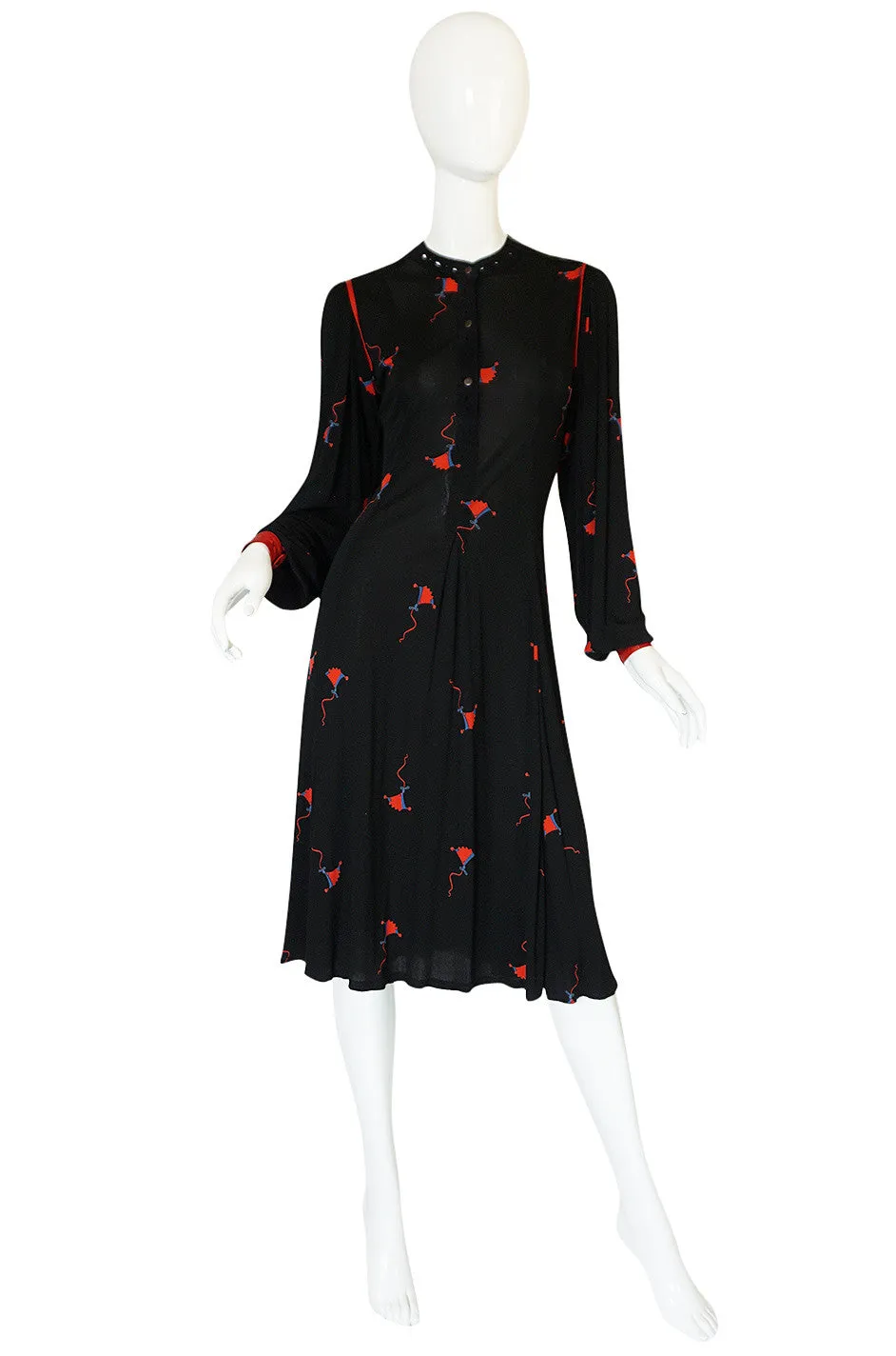 1970s Ann Buck Jersey with Leather Trim Print Dress