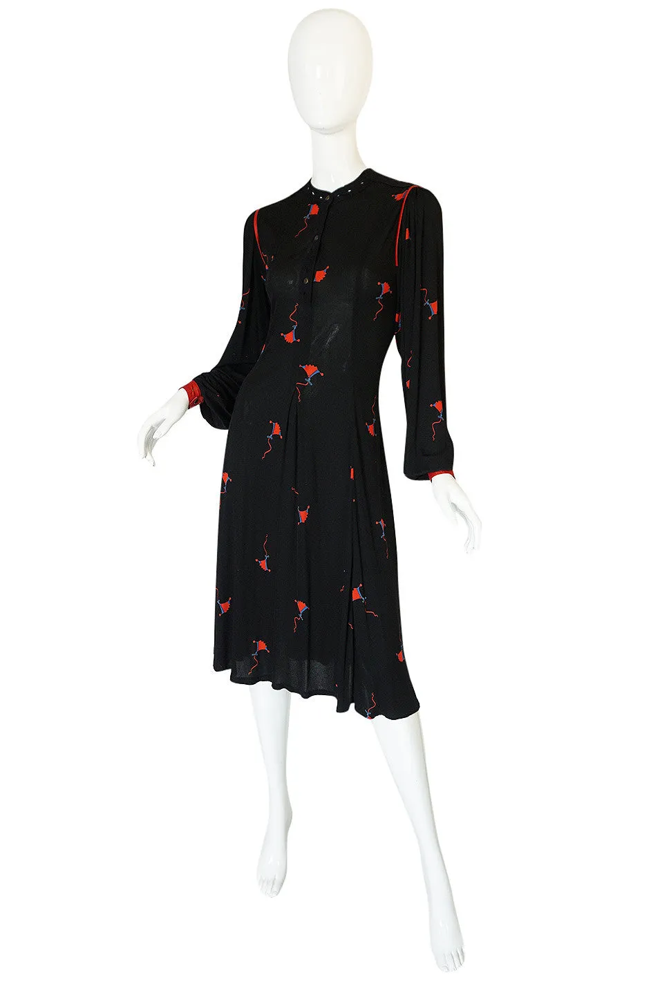 1970s Ann Buck Jersey with Leather Trim Print Dress