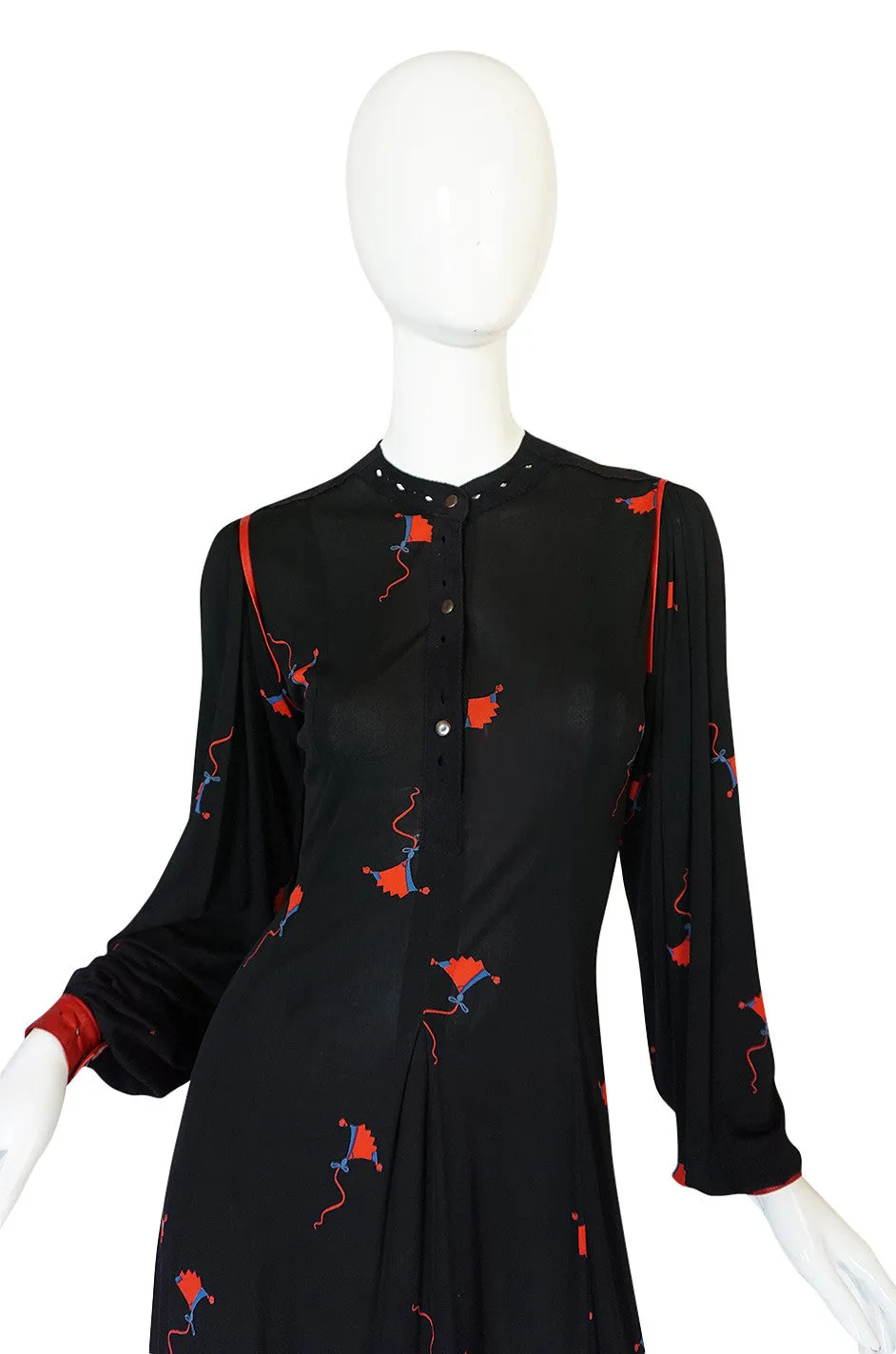 1970s Ann Buck Jersey with Leather Trim Print Dress