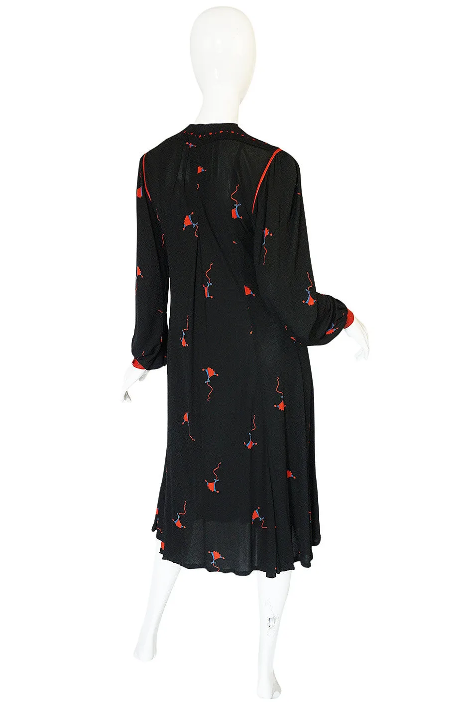 1970s Ann Buck Jersey with Leather Trim Print Dress