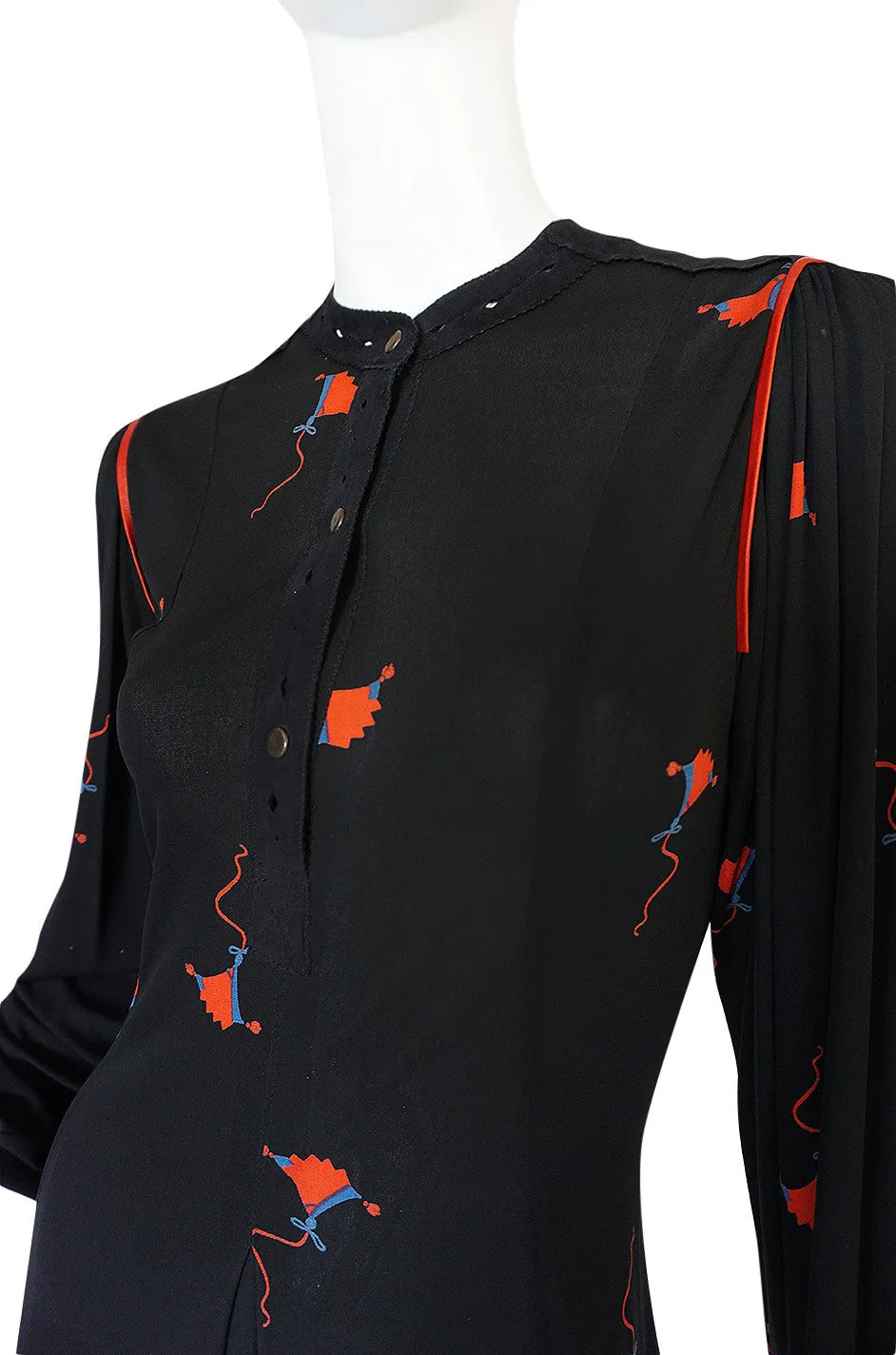1970s Ann Buck Jersey with Leather Trim Print Dress