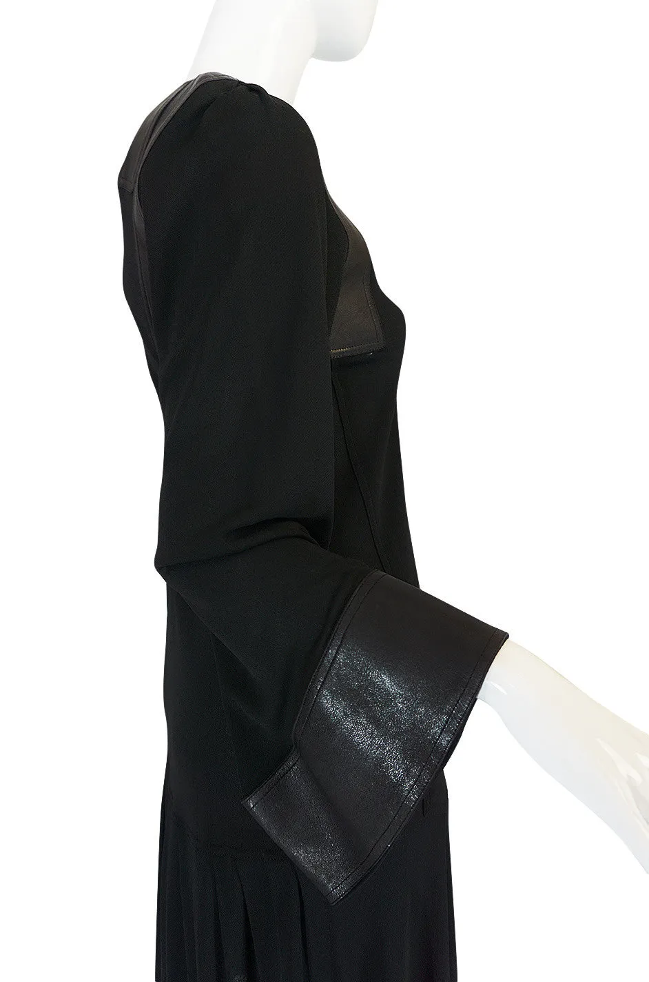 1970s Jean Muir Leather Embellished Black Jersey Dress