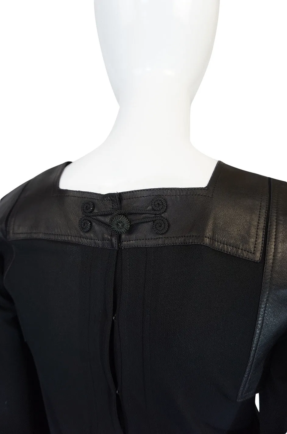 1970s Jean Muir Leather Embellished Black Jersey Dress