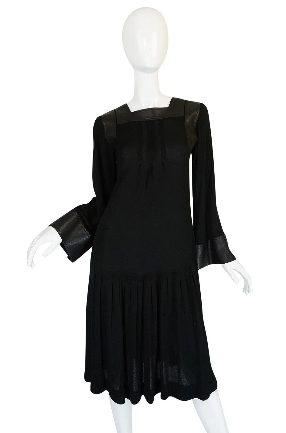1970s Jean Muir Leather Embellished Black Jersey Dress