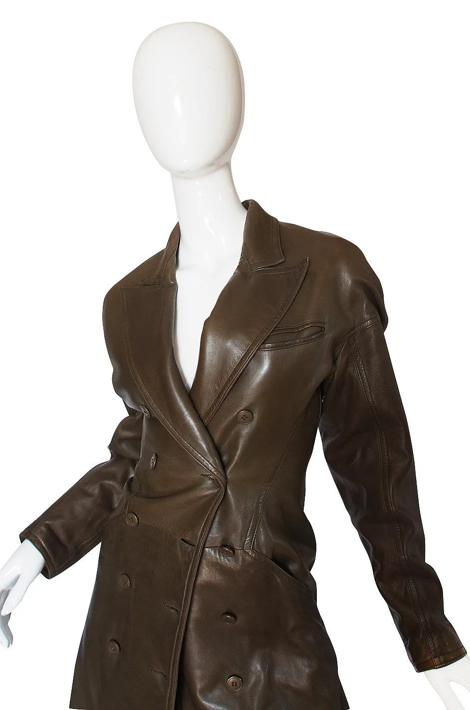 1980s Alaia Olive Leather Bustle Back Coat or Dress