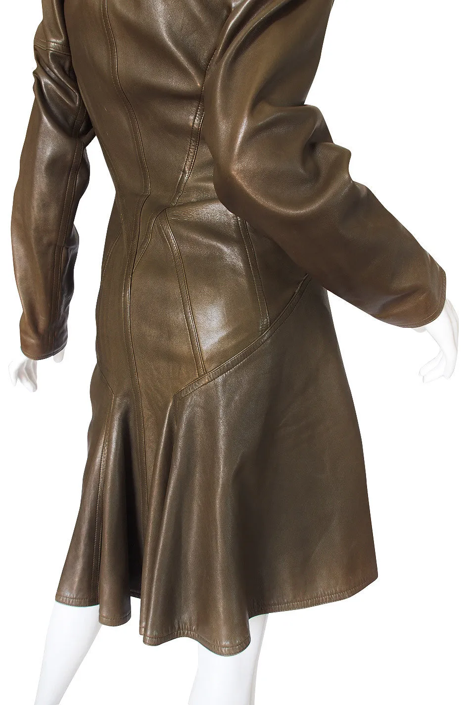 1980s Alaia Olive Leather Bustle Back Coat or Dress