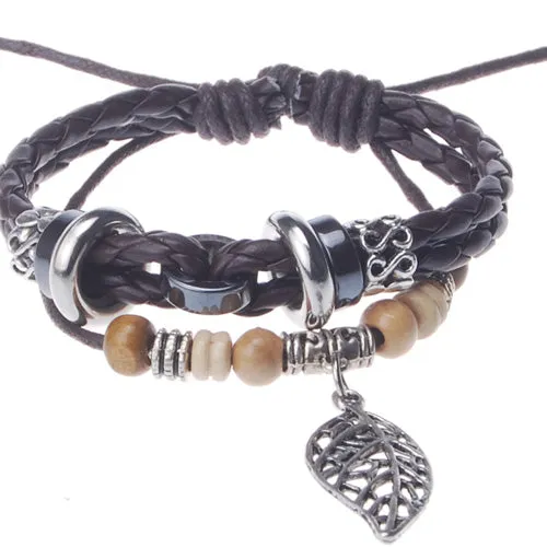 2013-2014 Summer hot sale promotional gifts tree leaf charm beaded hand-woven  leather bracelet,Deep Coffee,sold 10pcs per pkg