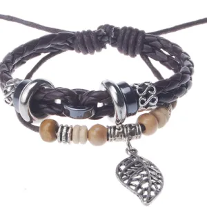 2013-2014 Summer hot sale promotional gifts tree leaf charm beaded hand-woven  leather bracelet,Deep Coffee,sold 10pcs per pkg