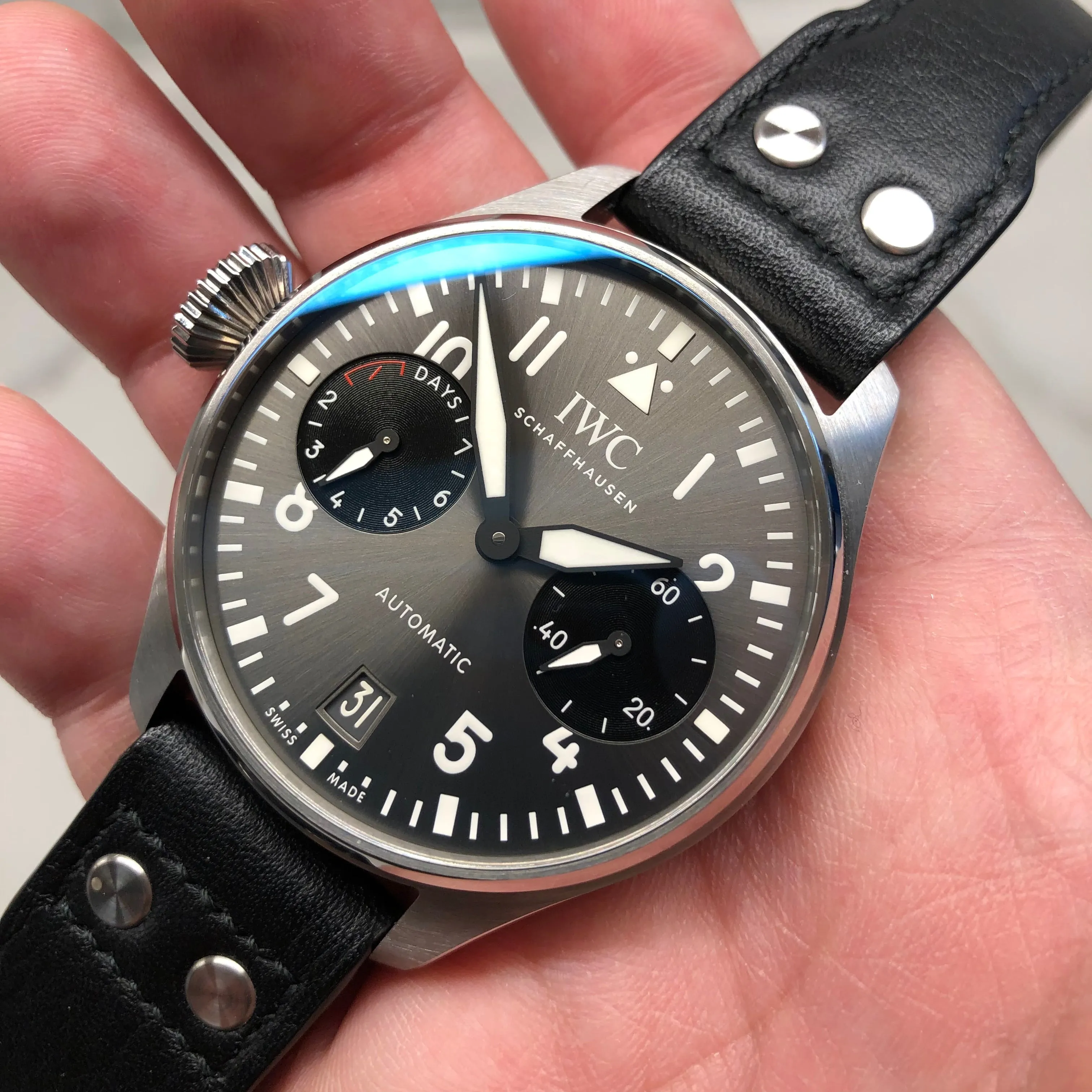 2019 IWC Big Pilot IW501012 “Right-Hander” Limited Edition Steel Chronograph Wristwatch with Box and Papers
