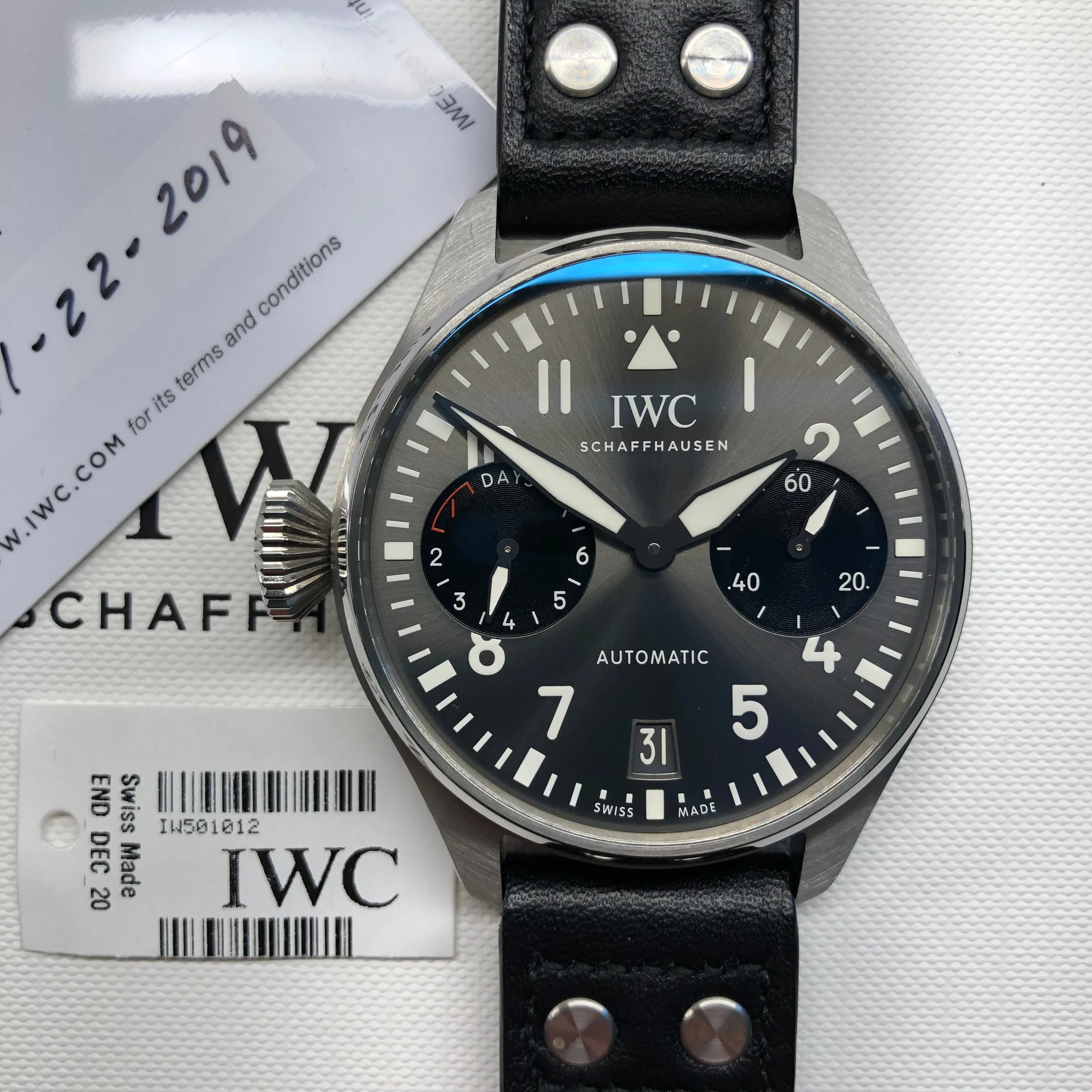 2019 IWC Big Pilot IW501012 “Right-Hander” Limited Edition Steel Chronograph Wristwatch with Box and Papers