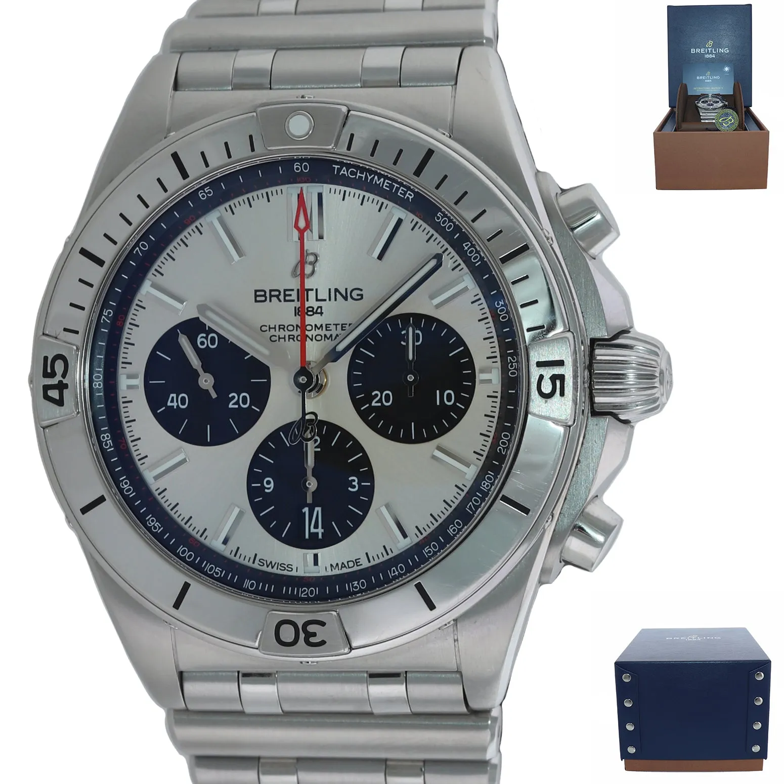 2022 PAPERS Breitling Chronomat Silver Black B01 42mm AB0134 Steel Date Watch