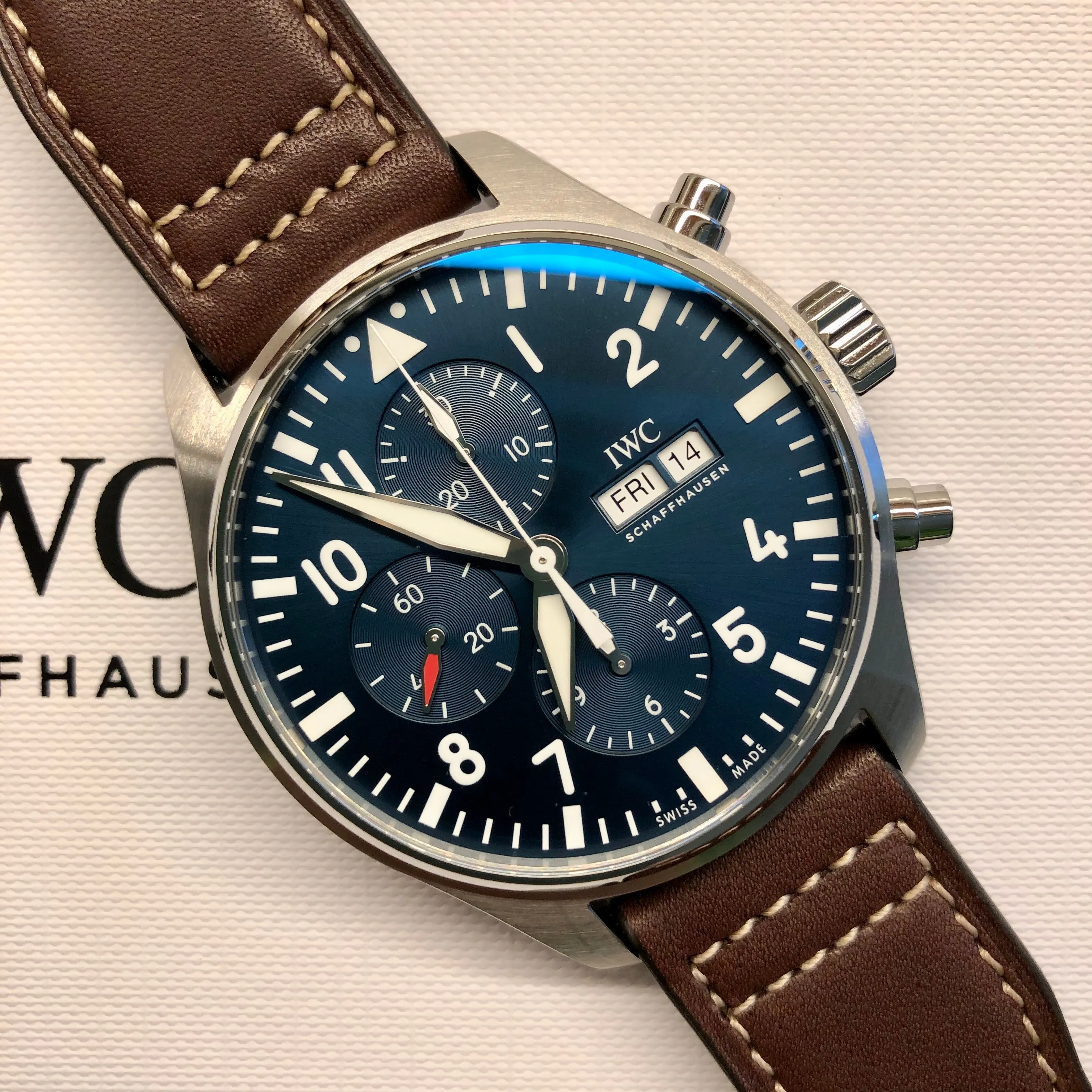 2023 IWC Pilot IW377714 Le Petit Prince Automatic Chronograph Day Date 43mm Blue Wristwatch with Box and Papers