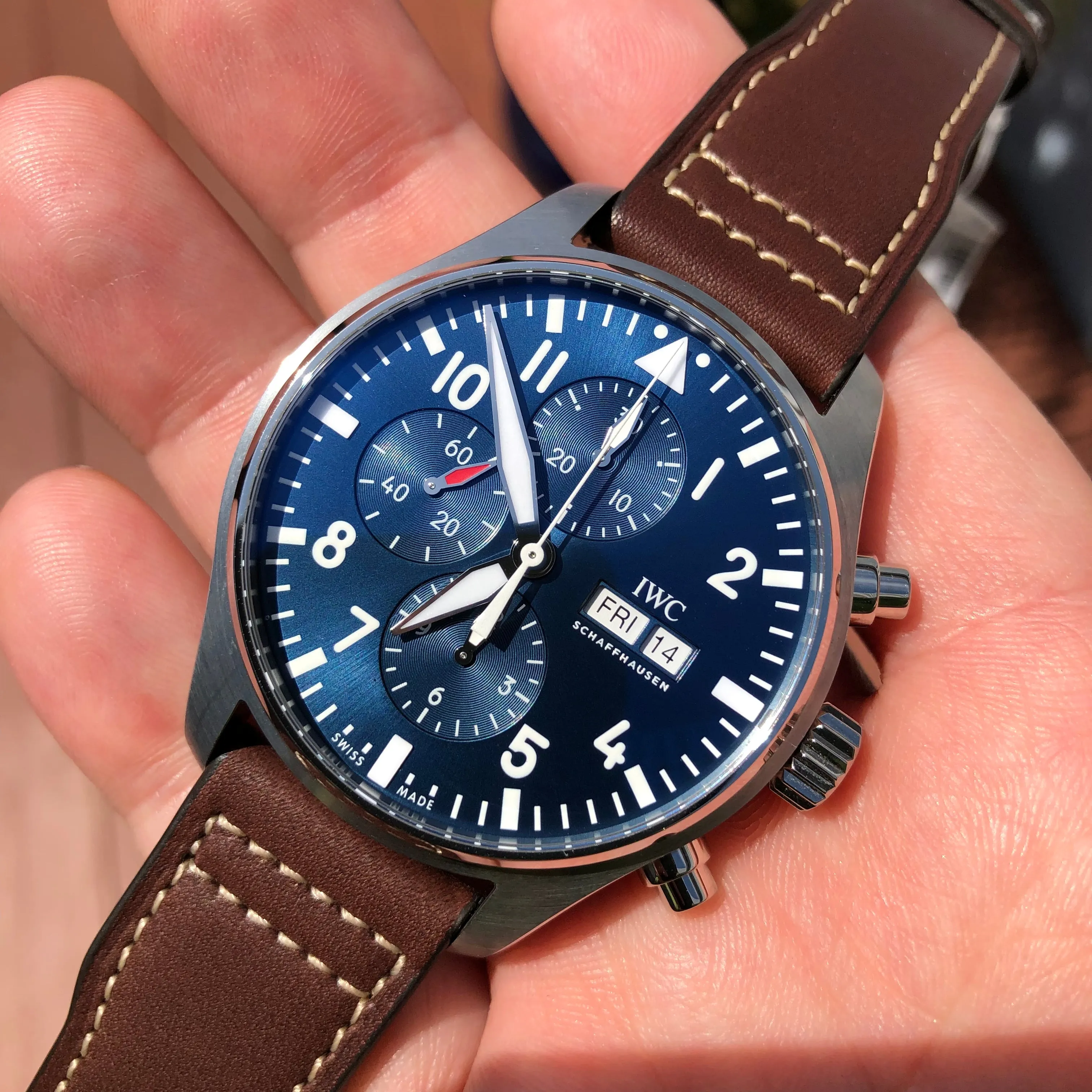 2023 IWC Pilot IW377714 Le Petit Prince Automatic Chronograph Day Date 43mm Blue Wristwatch with Box and Papers