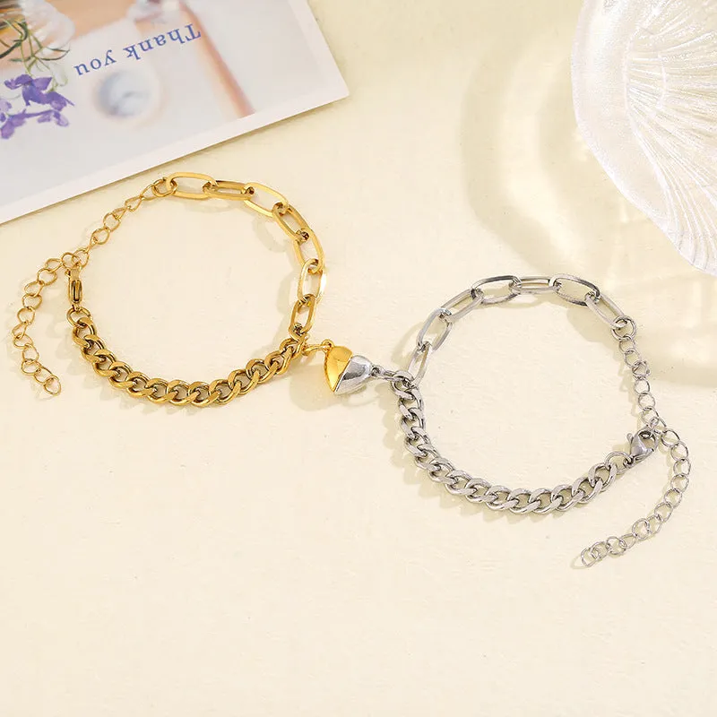 2Pcs/Set Heart Shaped Angel Wing Lock Key Magnetic Bracelet For BFFs Couples