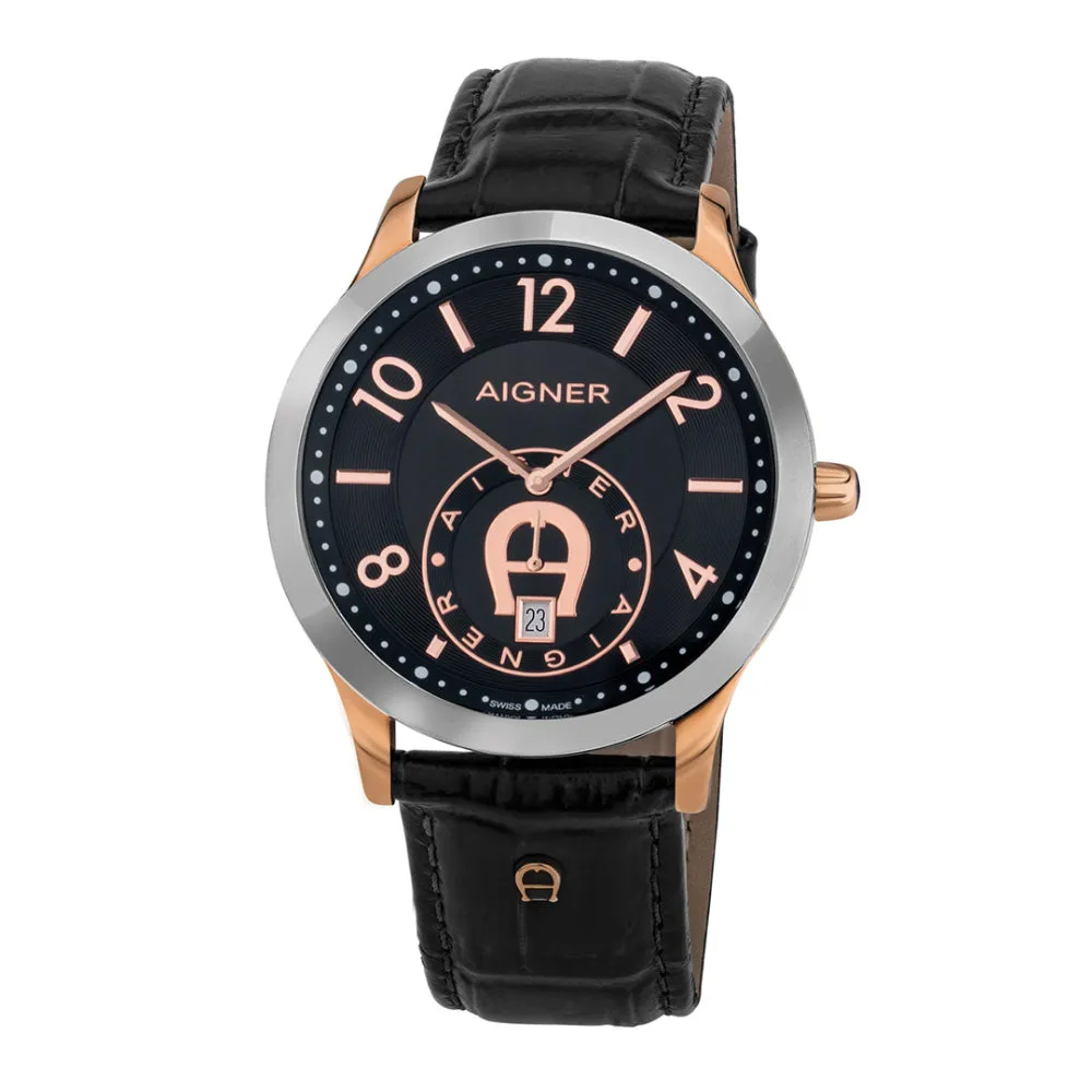 AIGNER Treviso Men's Rose Gold & Black Leather Strap Watch
