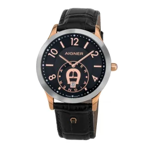 AIGNER Treviso Men's Rose Gold & Black Leather Strap Watch