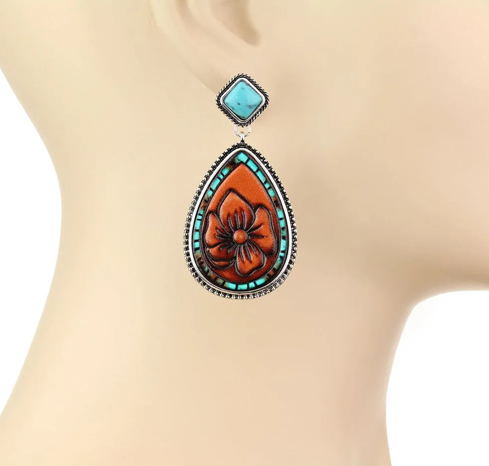 Ambria Stone Post Leather Teardrop Earrings - Turquoise