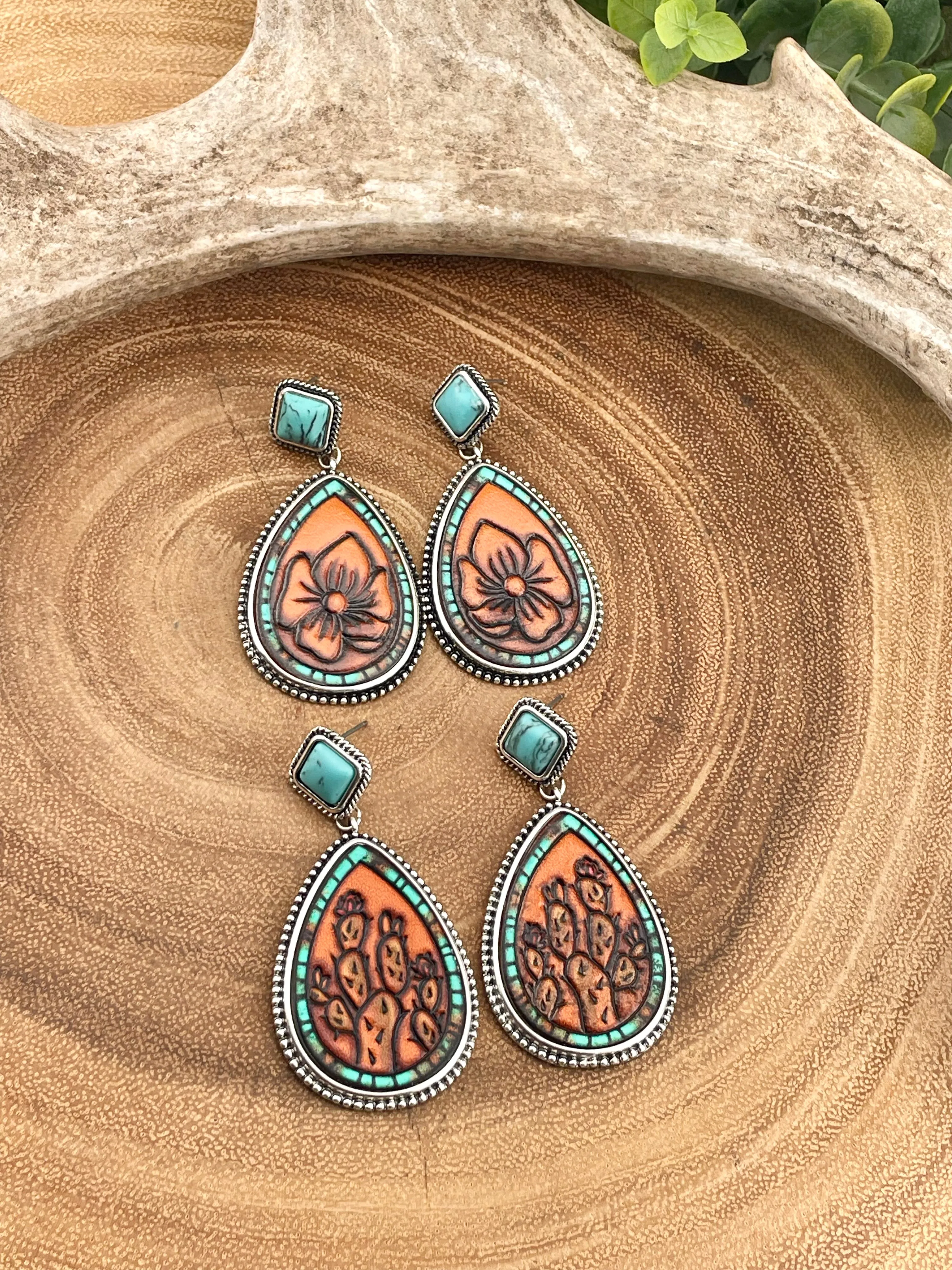 Ambria Stone Post Leather Teardrop Earrings - Turquoise