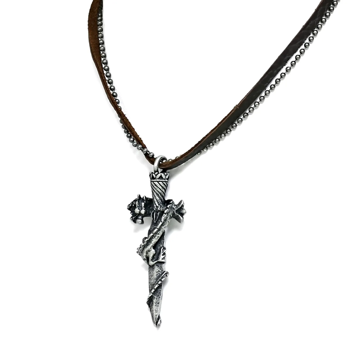 Antique Vintage Celtic Cross Dragon Dagger Genuine Brown Leather Military Ball Chain Necklace