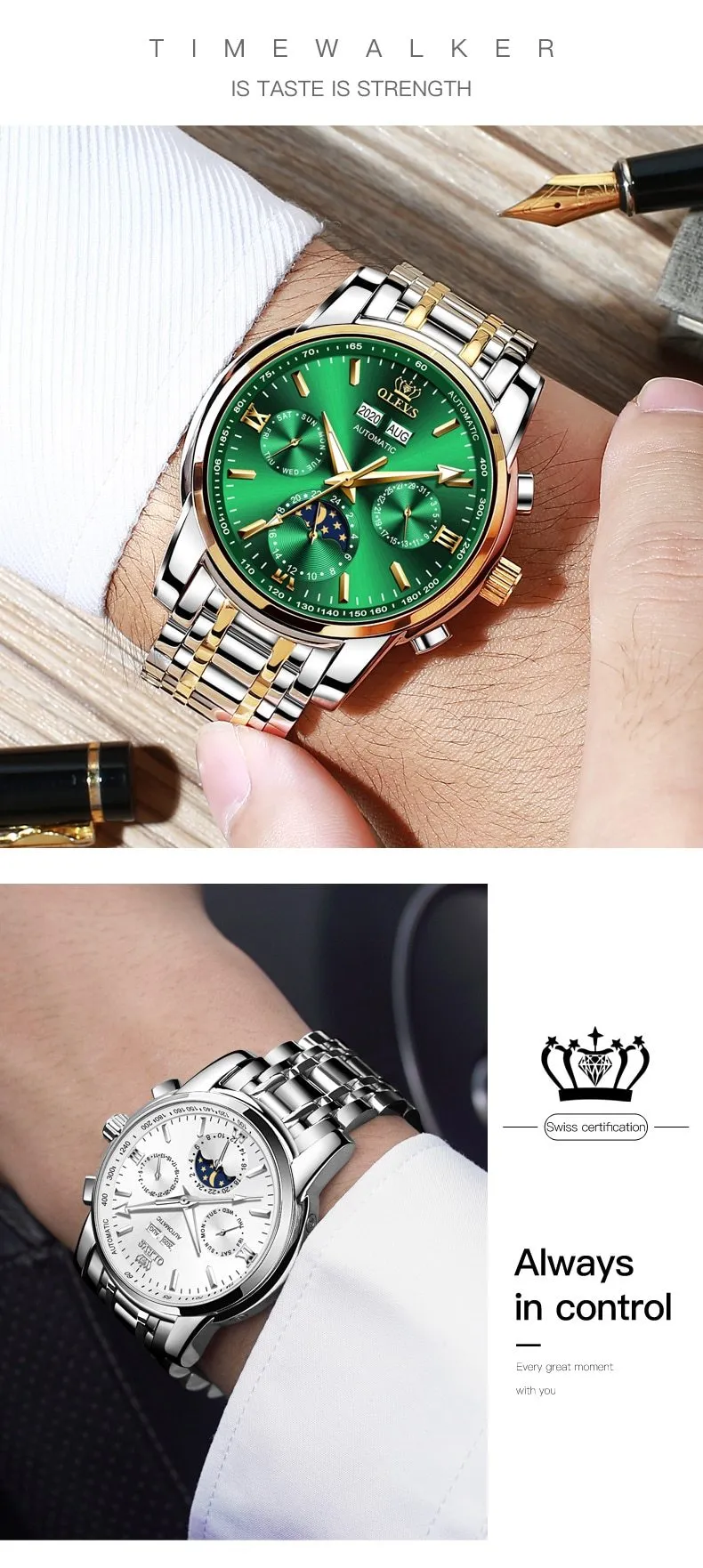 Automatic Green Luxury Stainless Steel Olves Watch
