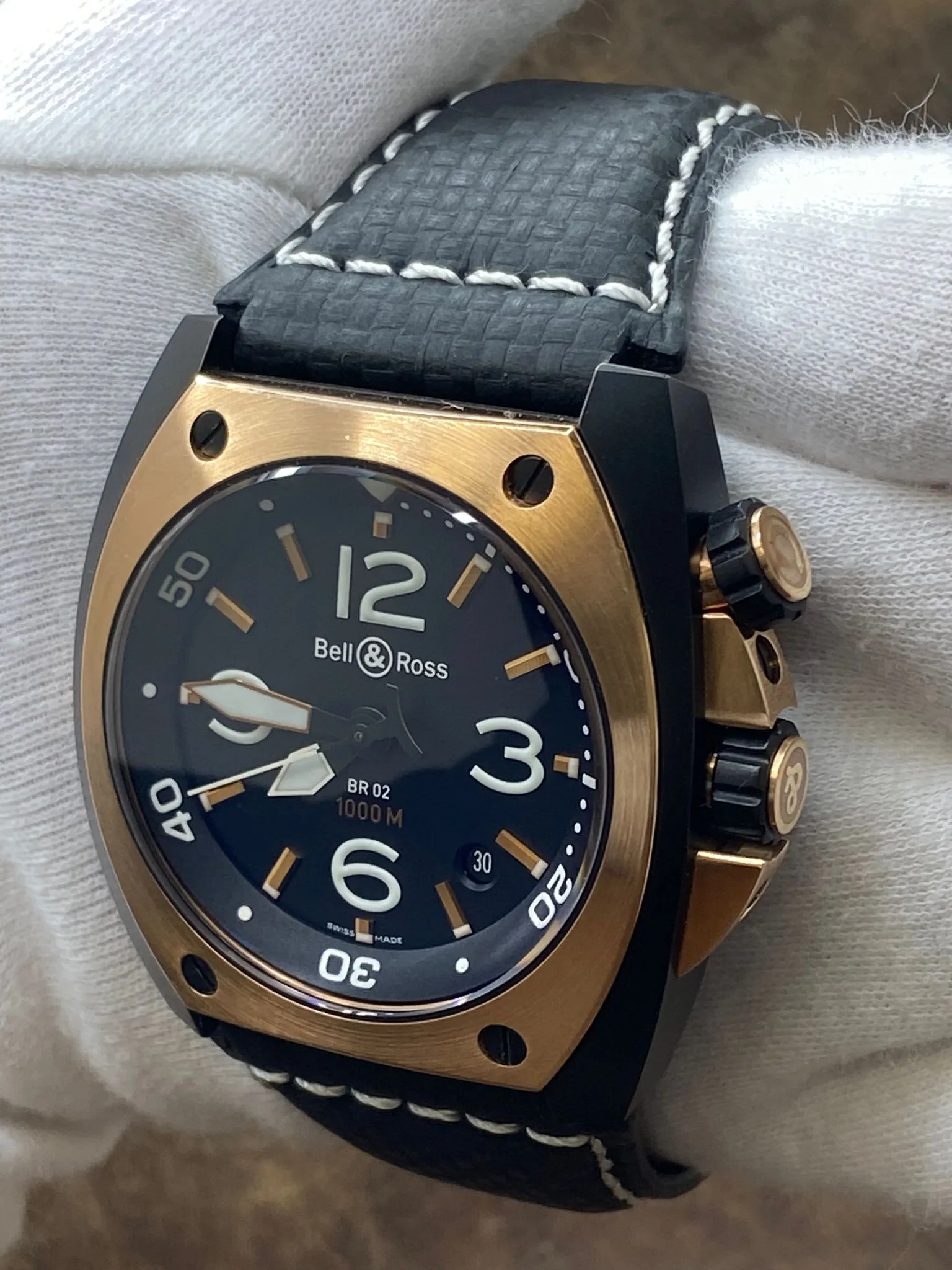 Bell & Ross Marine BR02-20 18K Gold Bezel Black Dial Automatic Men's Watch