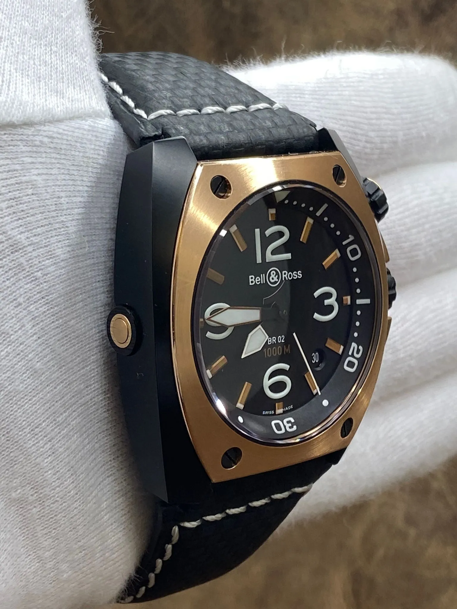 Bell & Ross Marine BR02-20 18K Gold Bezel Black Dial Automatic Men's Watch