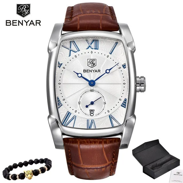 Benyar Watches Men Luxury Brand Quartz Mens Wist watches Military Leather Strap Casual Square Watch Waterproof Reloj de hombre