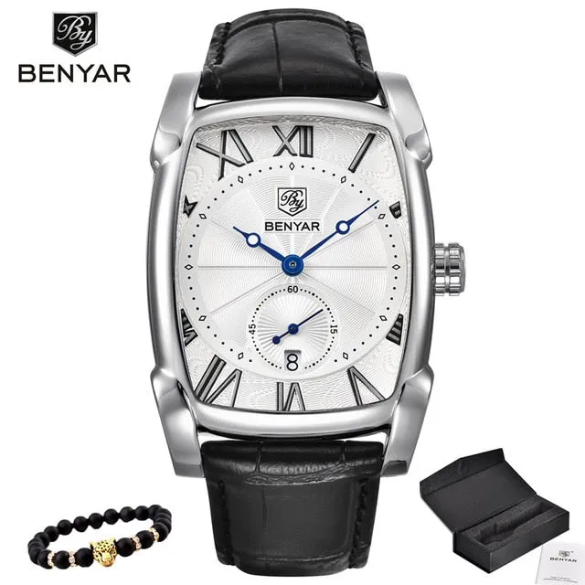 Benyar Watches Men Luxury Brand Quartz Mens Wist watches Military Leather Strap Casual Square Watch Waterproof Reloj de hombre