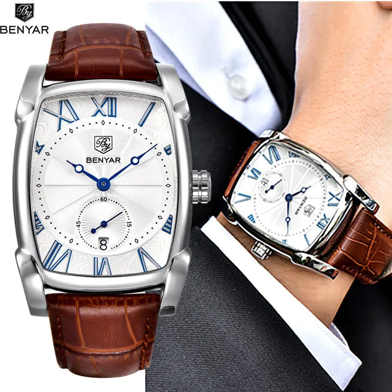 Benyar Watches Men Luxury Brand Quartz Mens Wist watches Military Leather Strap Casual Square Watch Waterproof Reloj de hombre