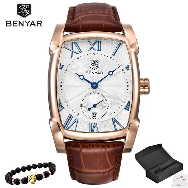 Benyar Watches Men Luxury Brand Quartz Mens Wist watches Military Leather Strap Casual Square Watch Waterproof Reloj de hombre