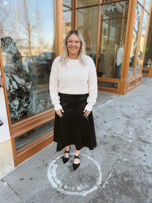 Black Leather Flare Midi Skirt