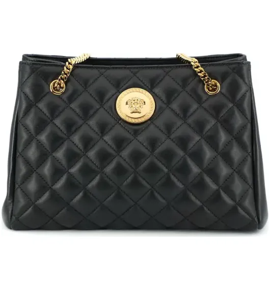 Black Quilted Nappa Leather Medusa Tote Handbag