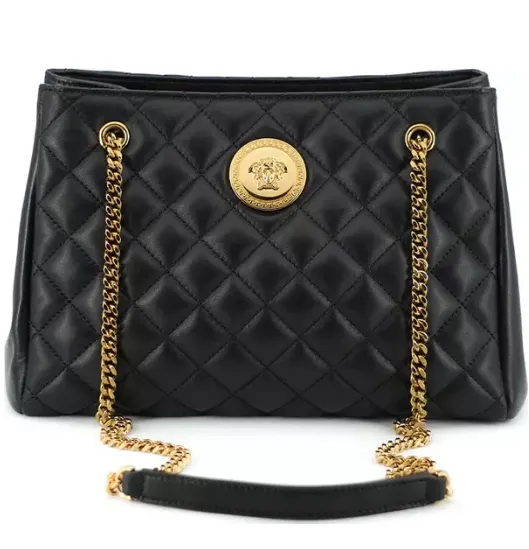 Black Quilted Nappa Leather Medusa Tote Handbag