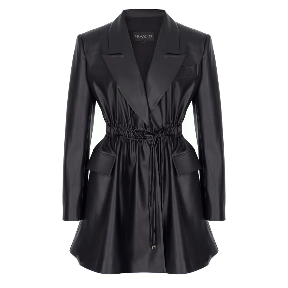 Black Vegan-Leather  Tie-Detailed  Mini Dress