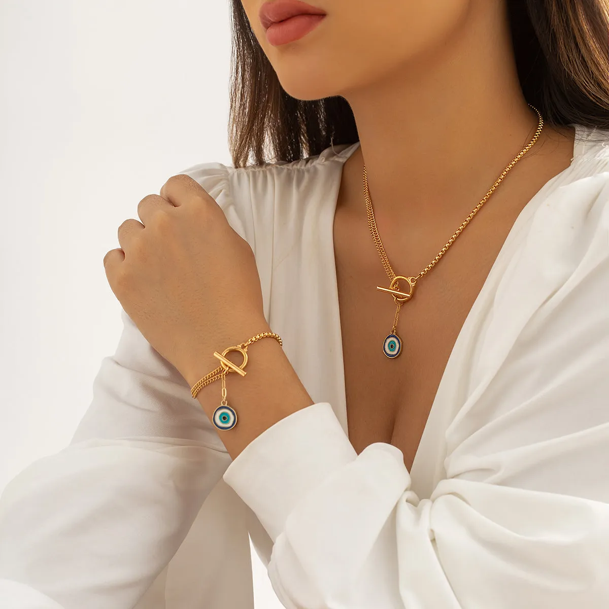 Blue Enamel & 18K Gold-Plated Evil Eye Toggle Necklace & Toggle Bracelet