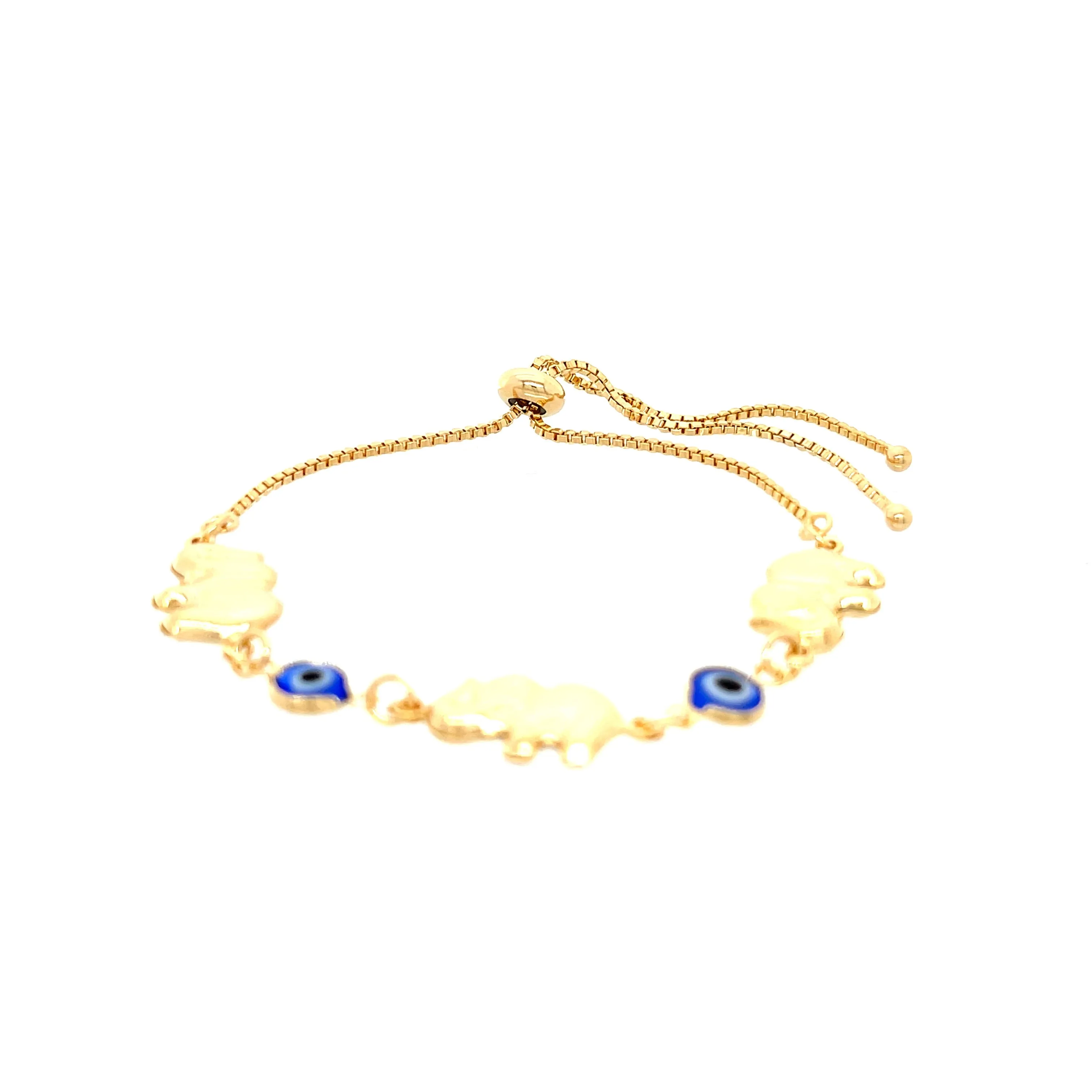 Blue Evil Eye and Elephant Charms Bracelet 14k Gold filled Adjustable