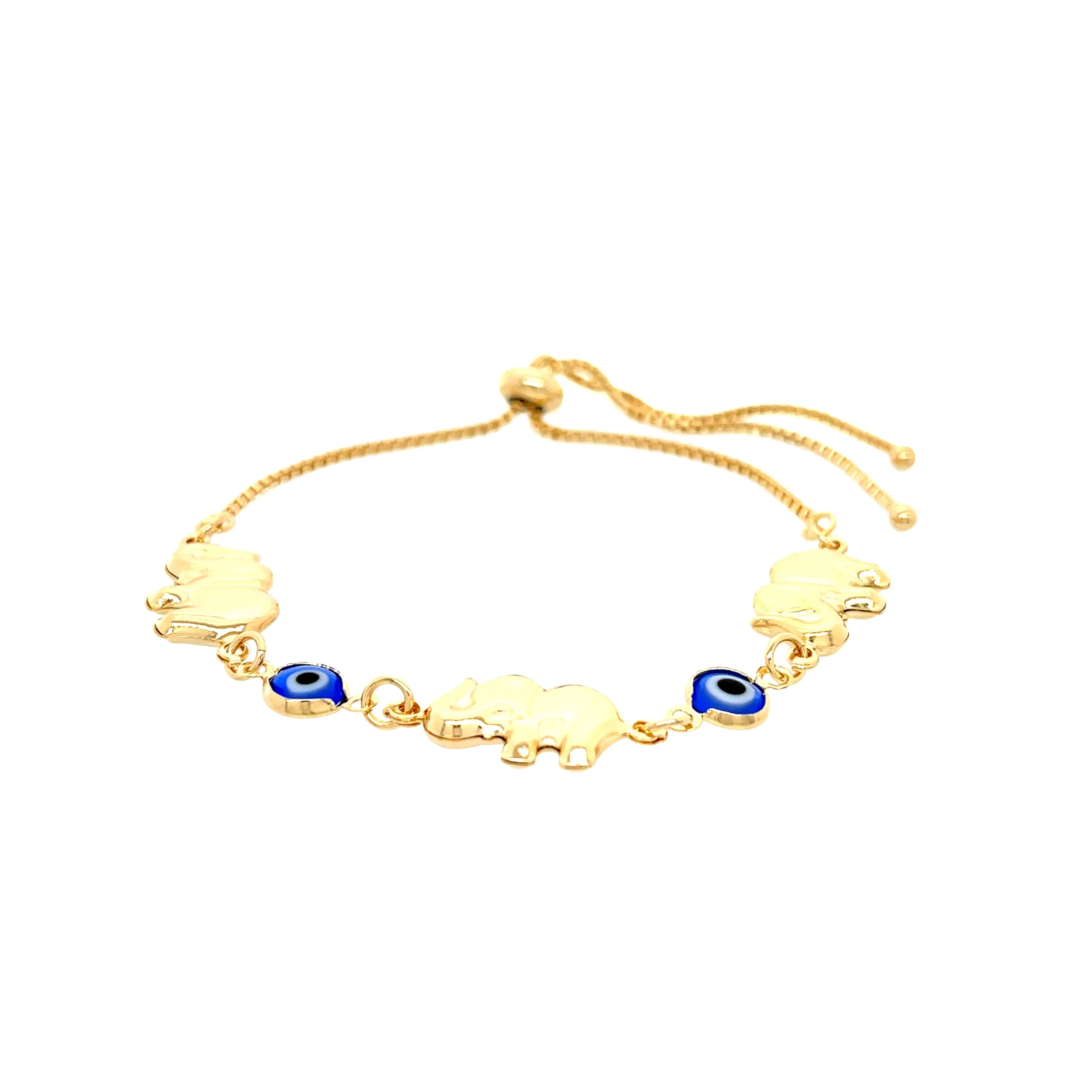 Blue Evil Eye and Elephant Charms Bracelet 14k Gold filled Adjustable