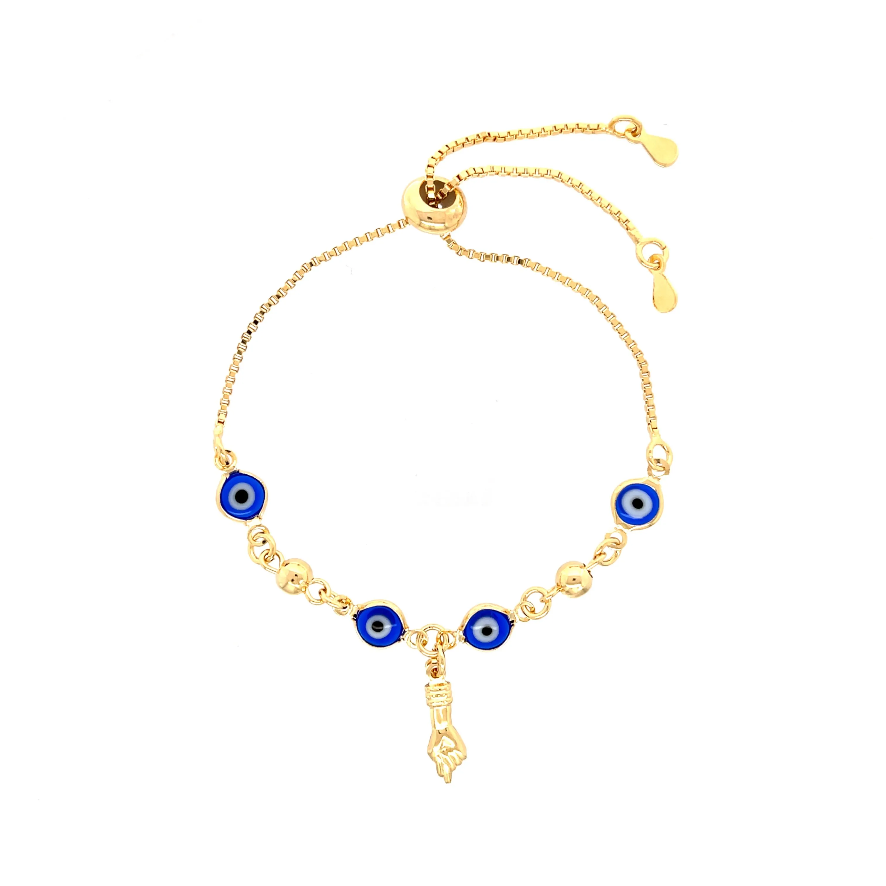 Blue Evil Eye and Figa Hand Charm Bracelet Adjustable Box Chain Link